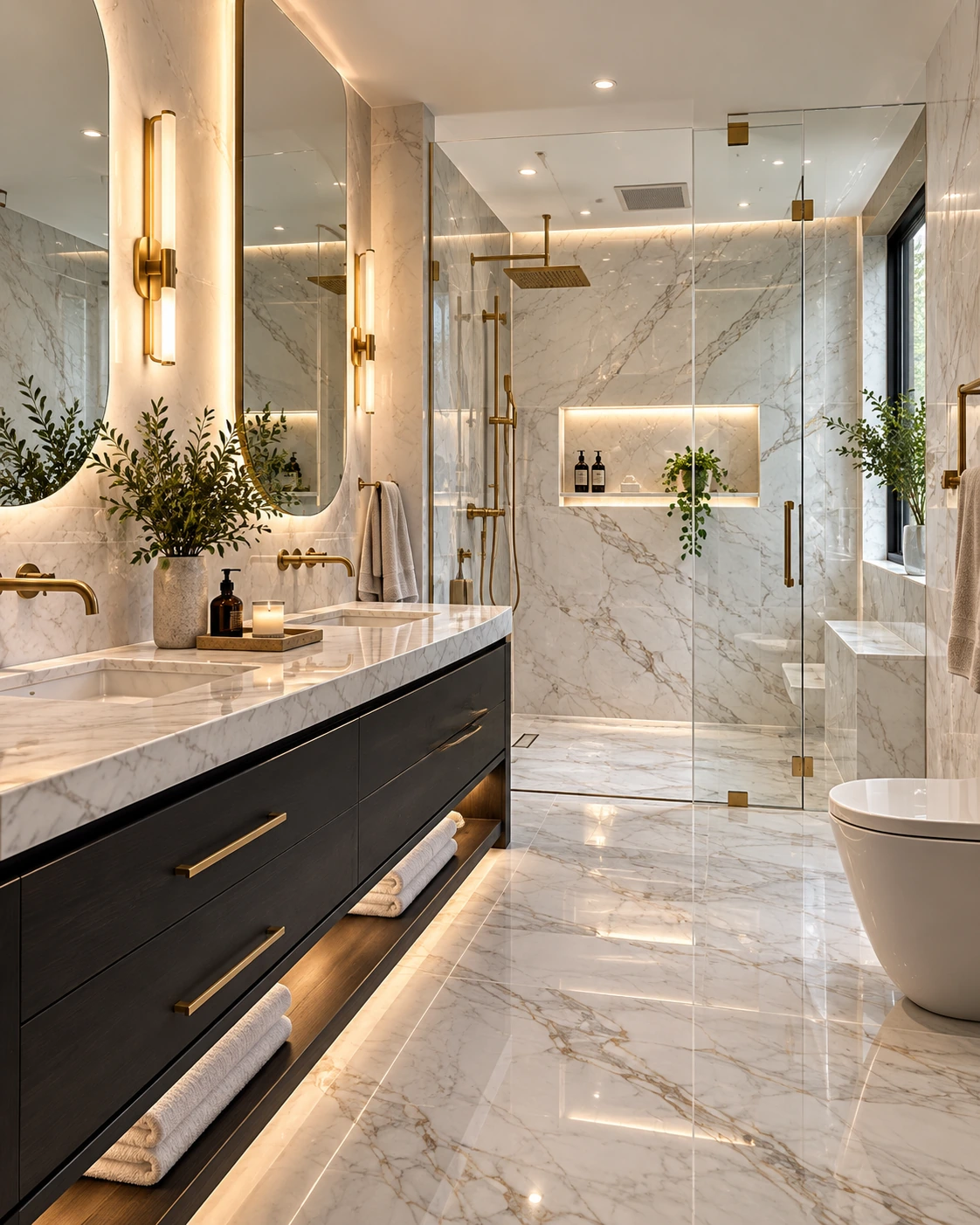 Modern marble bathroom with black vanity and frameless shower