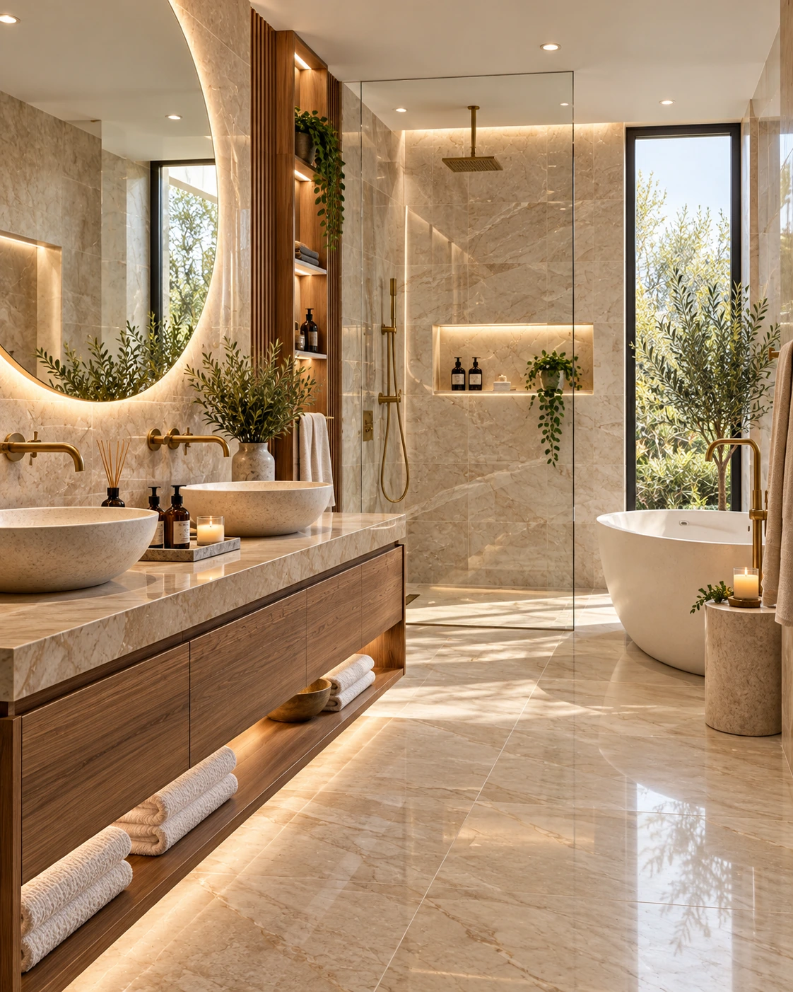 Warm oak double vanity bathroom with freestanding tub