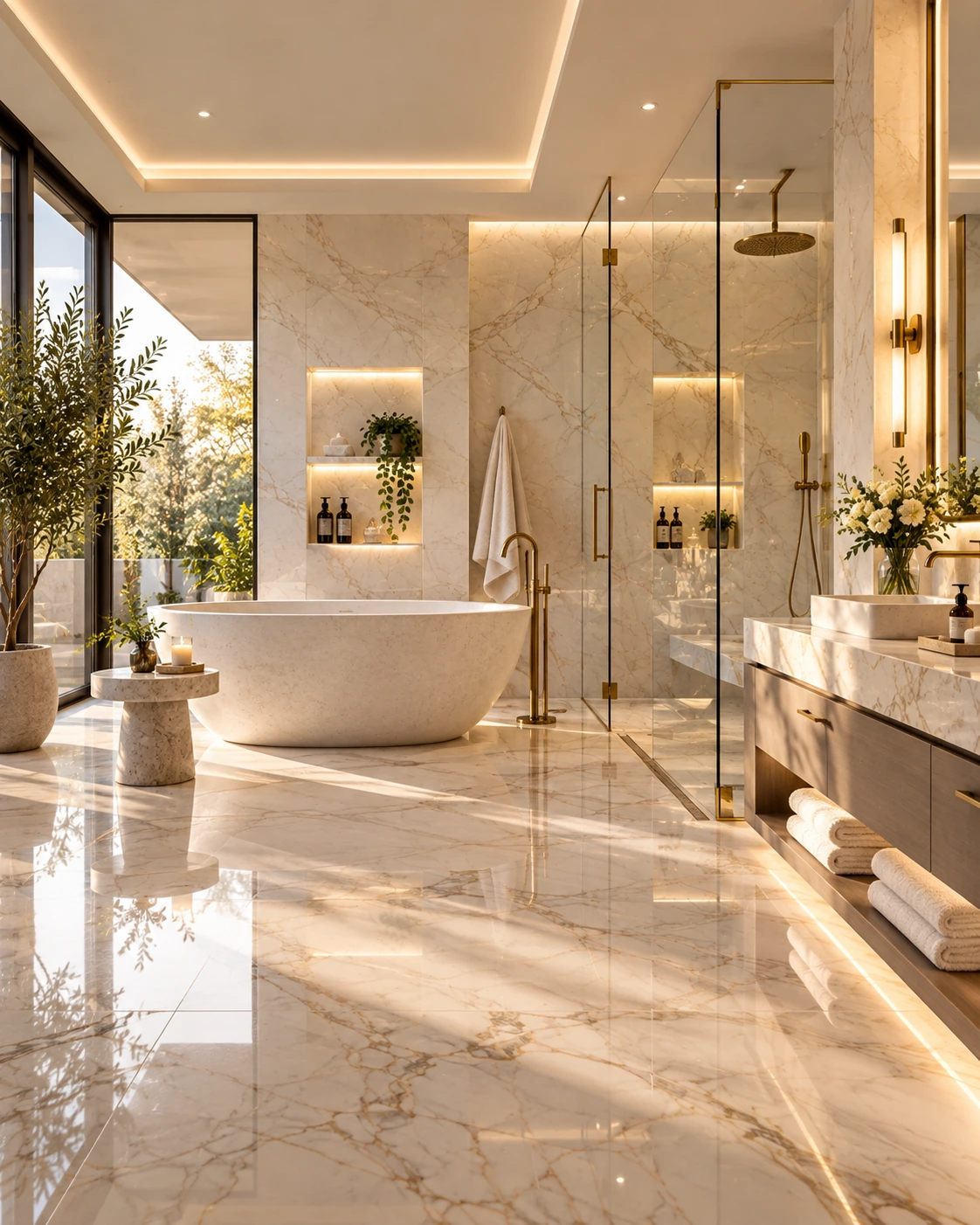Sunlit marble spa bathroom with freestanding tub