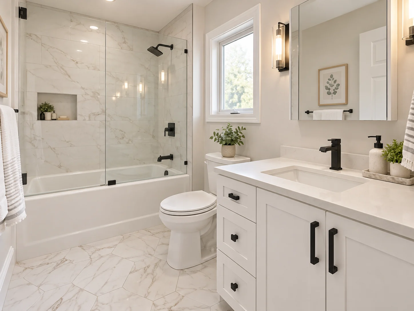 Sunlit oak vanity bathroom with marble tub and shower