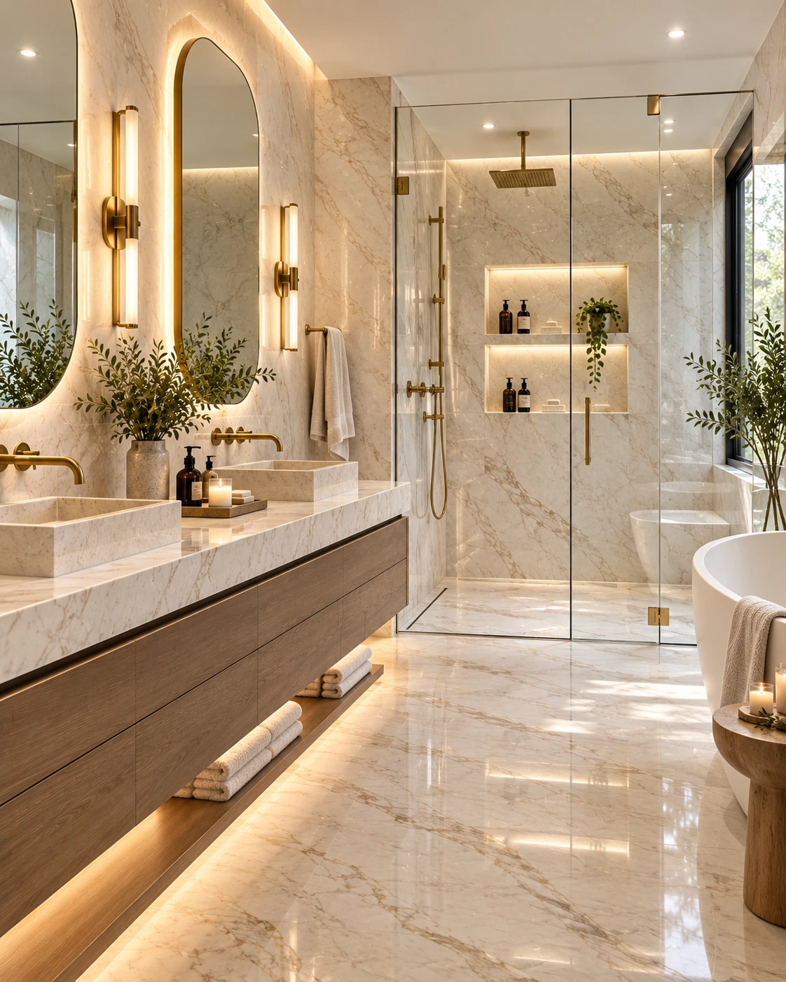 Warm marble bathroom with oak vanity and illuminated niches
