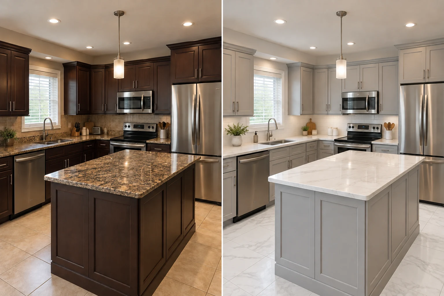 Kitchen design concept comparing dated finishes on the left with grey shaker · carrara quartz and Carrara-look tile on the right