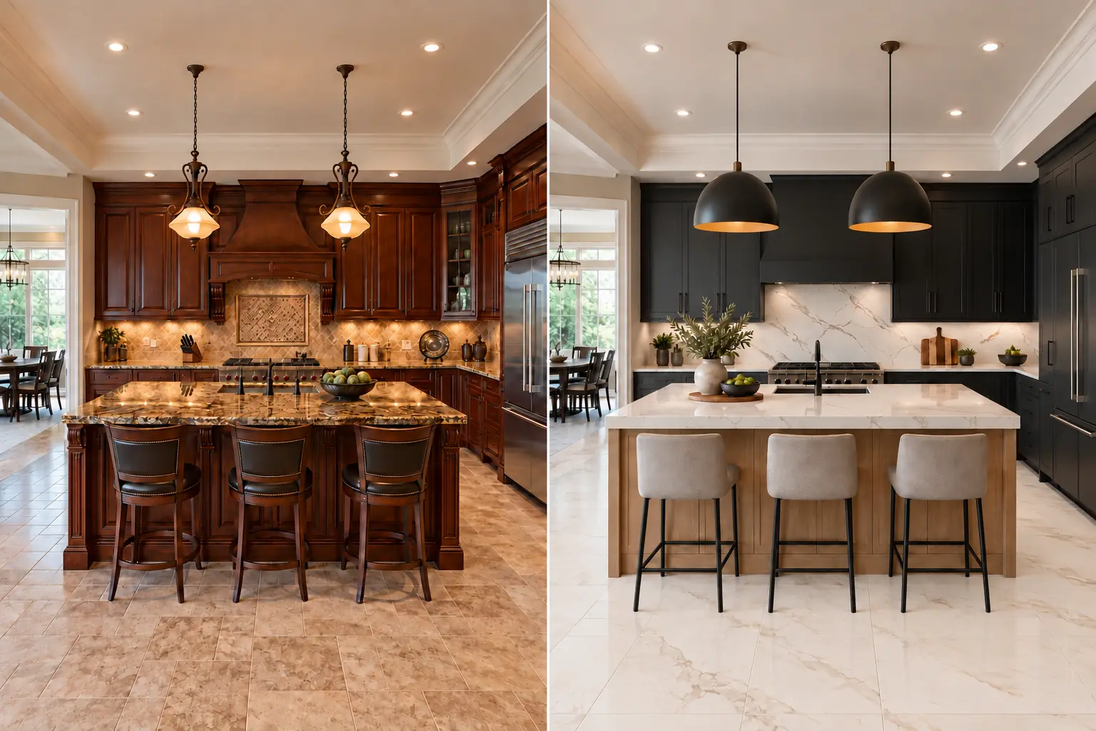 Before and after comparison of an ornate cherry kitchen transformed with charcoal cabinetry, a natural oak island and veined quartz with luxury tile flooring