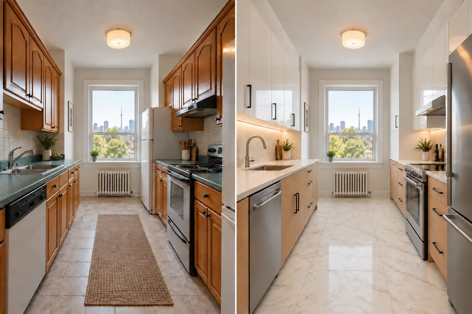 Before and after comparison of a dated galley kitchen transformed with glossy white and light oak slab cabinetry with black handles and luxury tile flooring