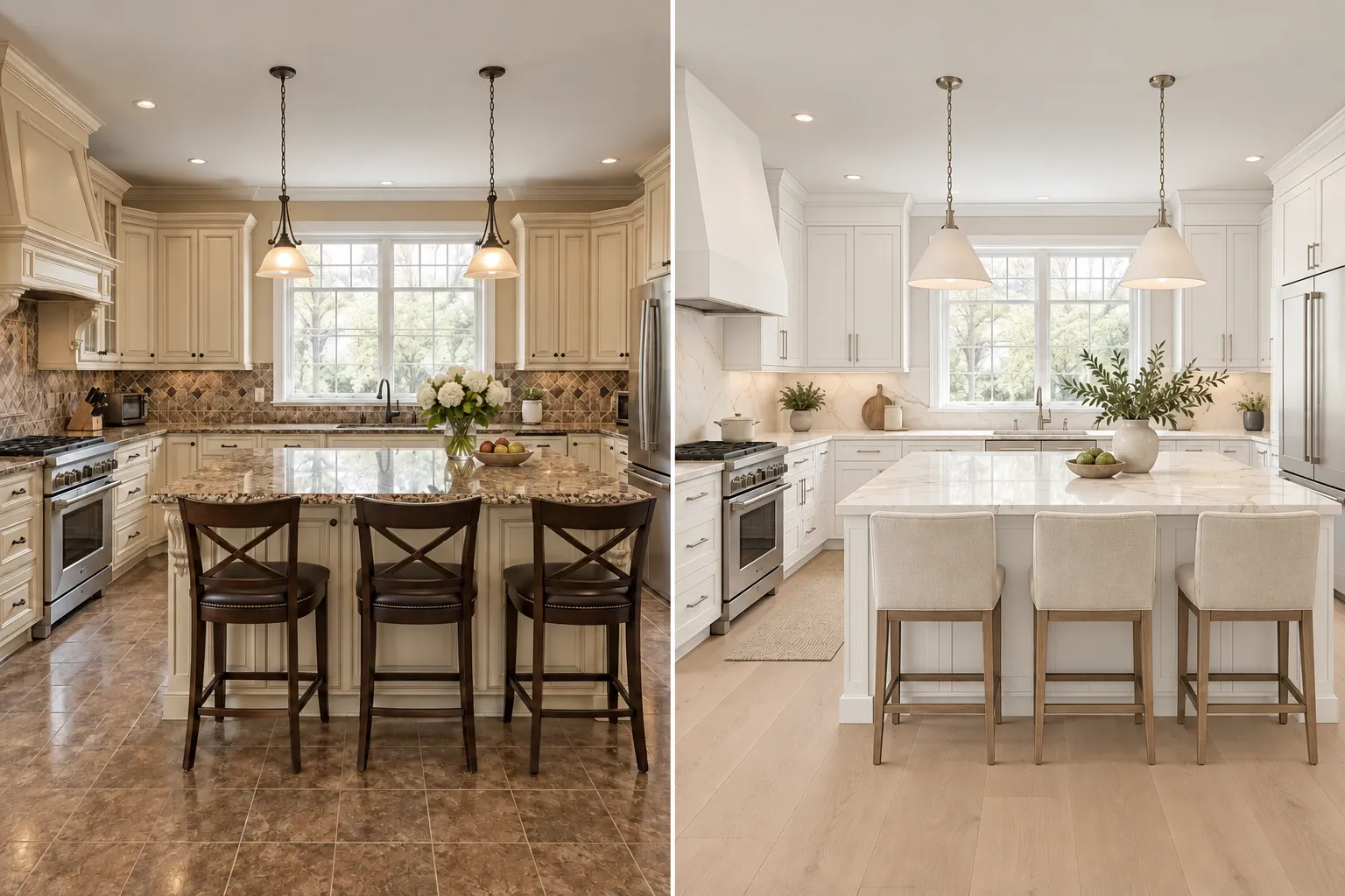 Before and after comparison of a dated cream kitchen transformed with warm white slim-shaker cabinetry and Calacatta-style quartz