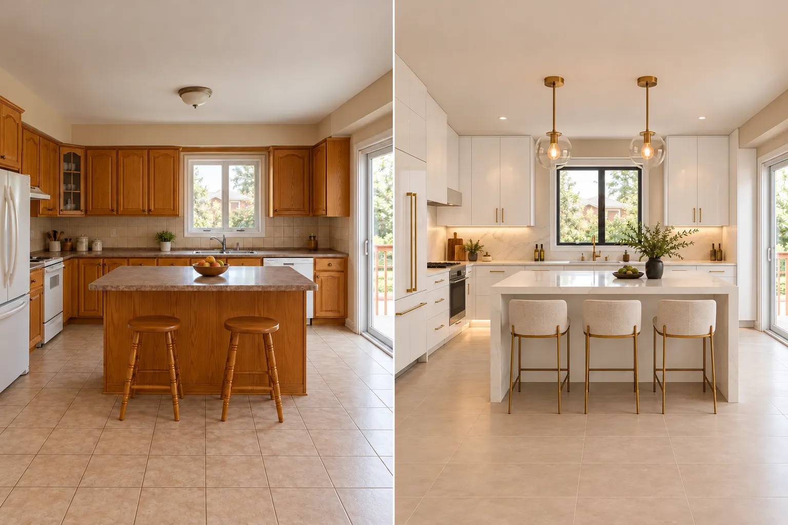 Before and after comparison of a dated oak kitchen transformed with glossy white slab cabinetry, quartz and brass details