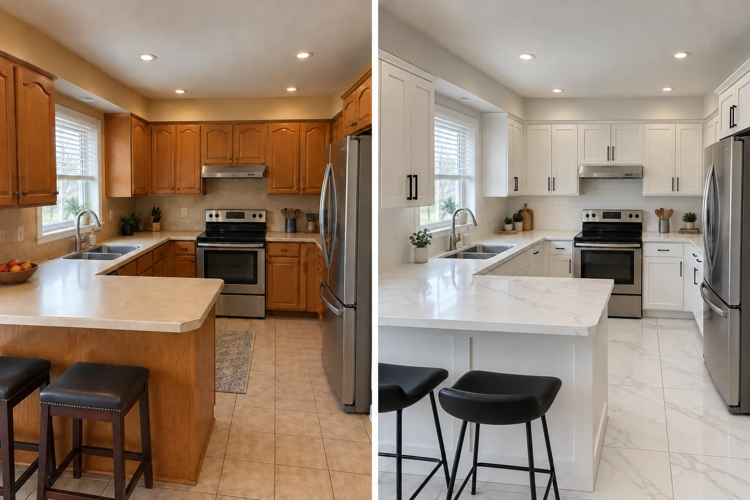 Kitchen design concept comparing dated finishes on the left with white shaker · calacatta quartz and Carrara-look tile on the right