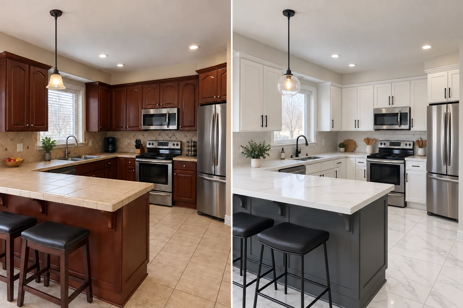 Kitchen design concept comparing dated finishes on the left with white shaker · slate contrast and Carrara-look tile on the right